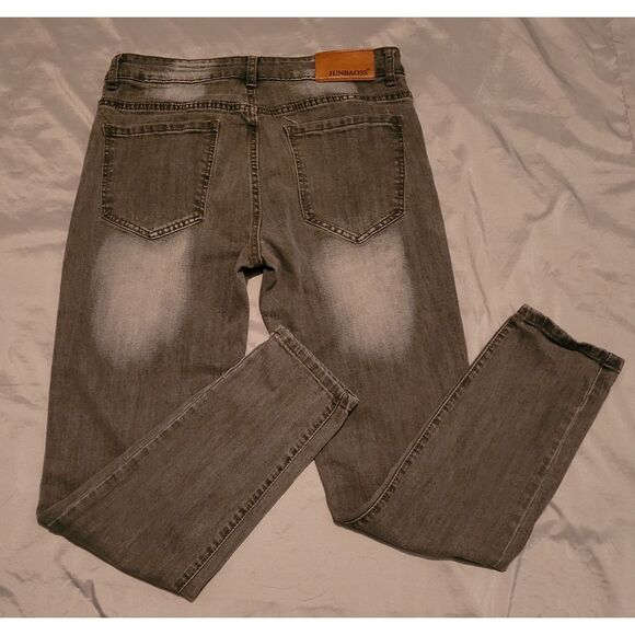 Junbaoss Men's Slim Fit Straight Leg Jeans In Gray Wash‎ With Distressed Details - Picture 6 of 6